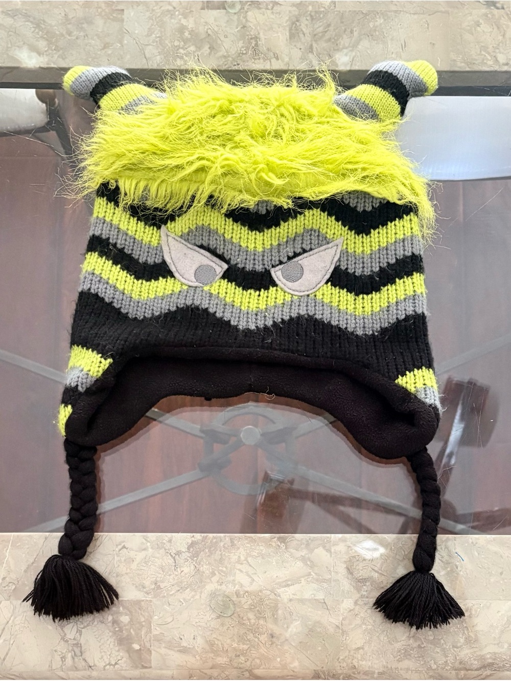 Neon Yellow & Black Monster Earflap Beanie Hat